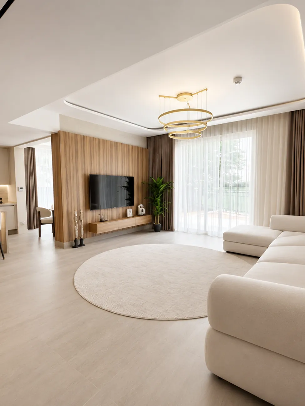 Living room with wood feature wall and ring chandelier, Al Habtoor Polo
