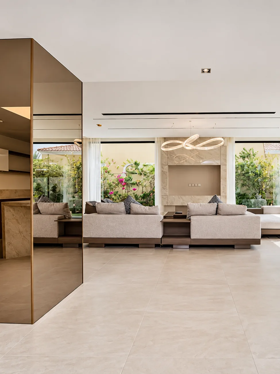 Open-plan villa living room with bronze mirror column, Jumeirah Park